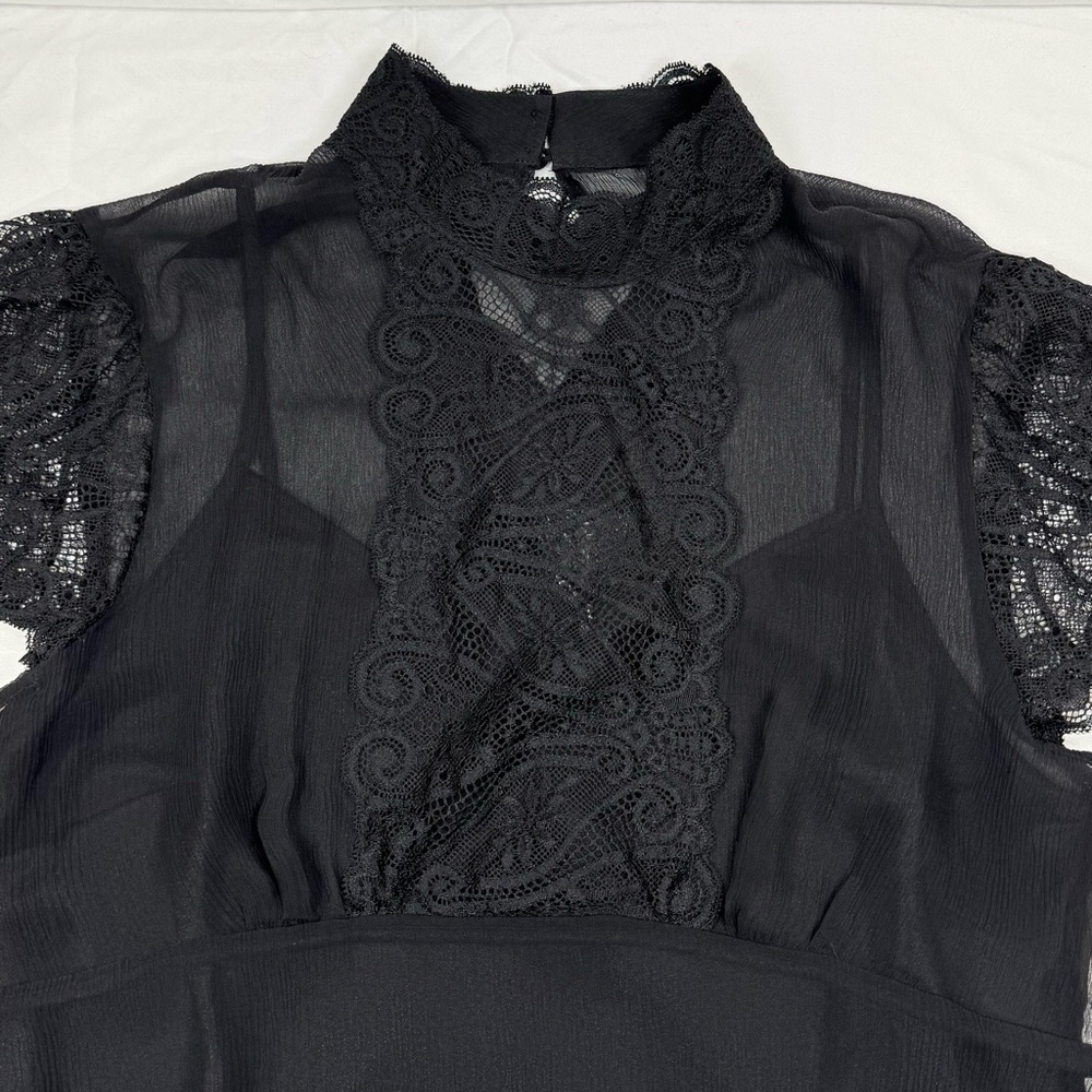 SOLD Black Sheer Silk Short Sleeve Blouse Lace Trim The Limited, Large, Camisole - Picture 2 of 16